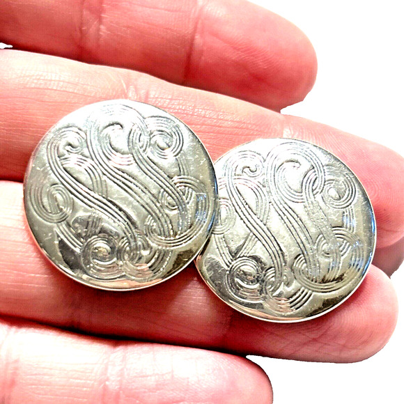 Vintage Napier Pierced Earrings Silver Discs Ornate Engraved Swirls Rounds 80's - Picture 3 of 6